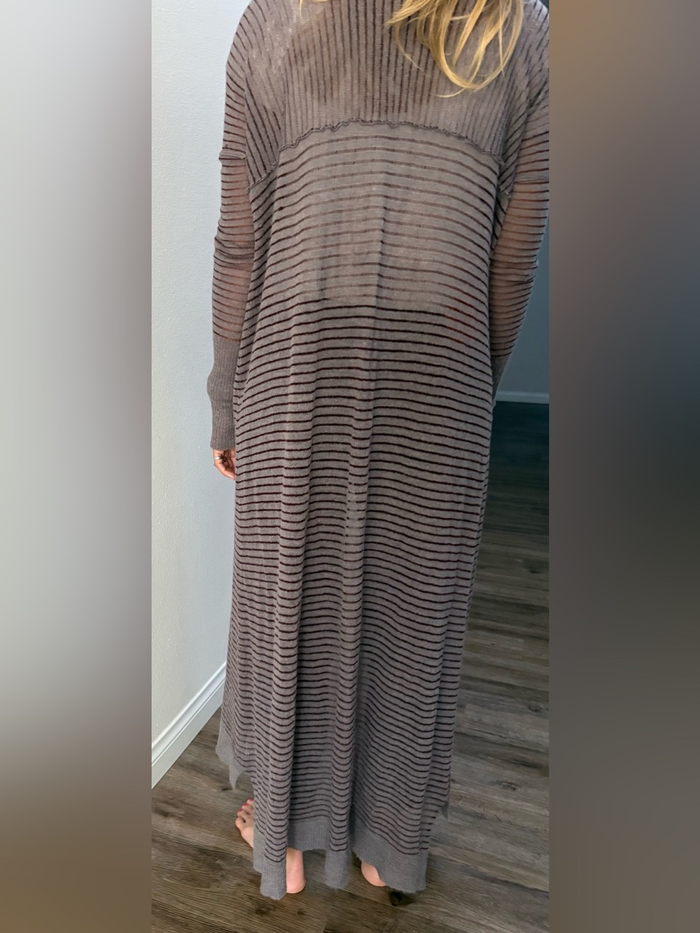 Free People Long Striped Open-Front Cardigan in Taupe and Dark Brown - Picture 3 of 12